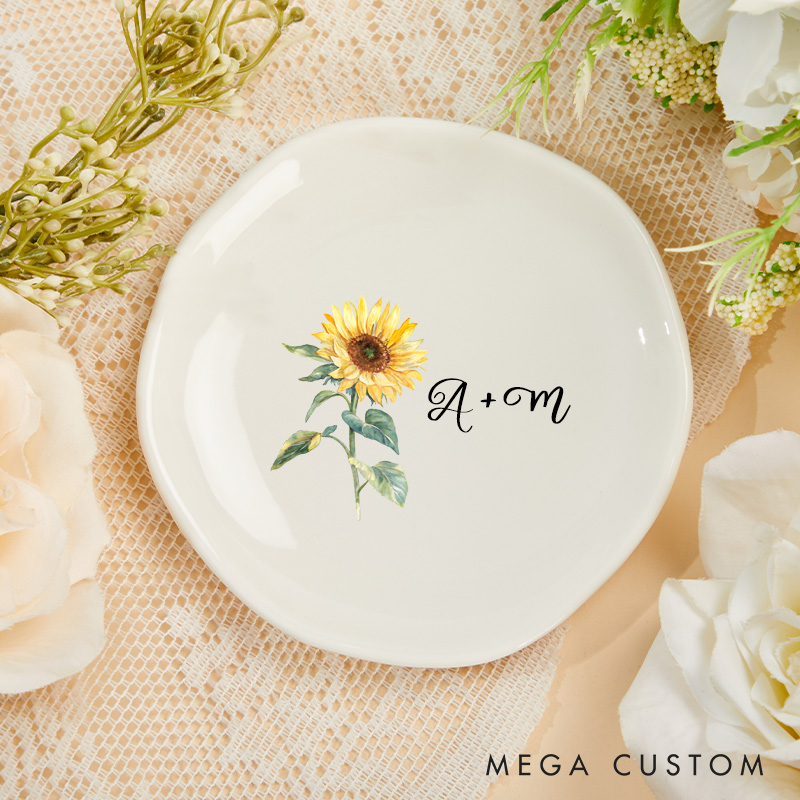 Personalized Vibrant Sunflower with Initials Wedding Engagement Irregular Round Ring Dish