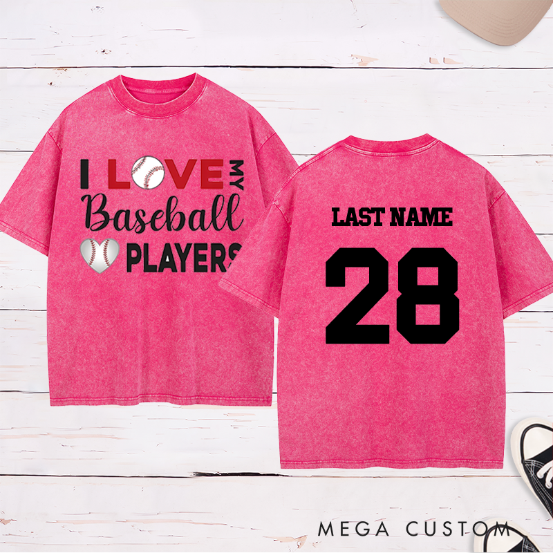 Personalized "I Love My Baseball Players" Washed T-Shirt with Custom Name and Number   