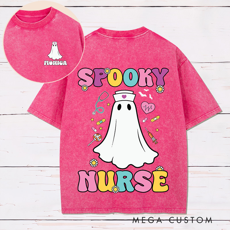 Personalized Nurse Two Sides Printed Washed T-Shirt Customized Spooky Nurse Design Washed T-Shirt 