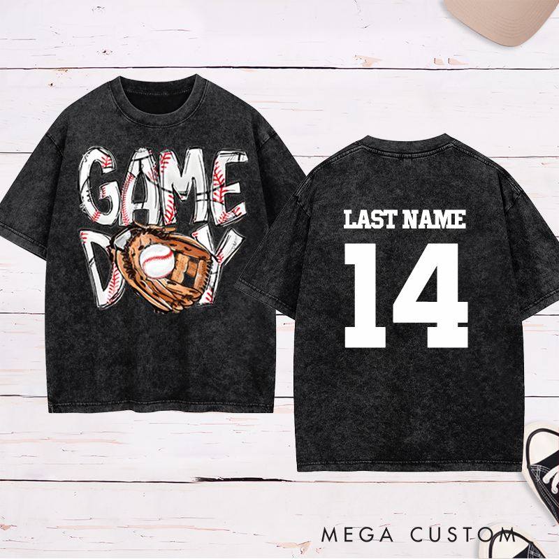 Personalized "Game Day" Baseball Washed T-Shirt with Custom Name and Number 