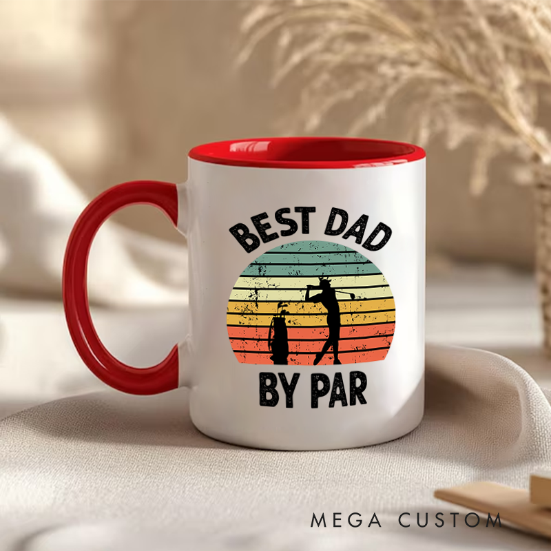 Personalized Golf Mug with Custom Title By Par Design Retro Sunset Style and Two Tone Handle