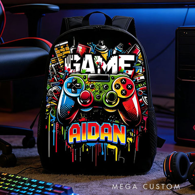 Personalized Colorful Graffiti Game Controller Backpack Custom Name for Kids and Game Lovers Birthday Black to School Christmas Gift