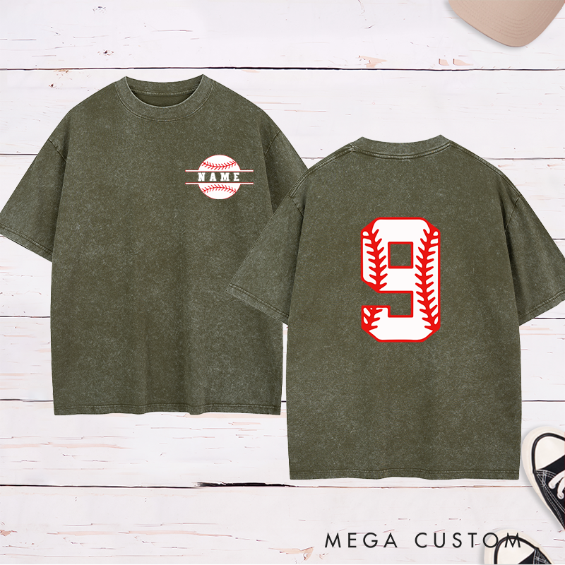 Personalized Sports Fan Washed T-Shirt with Unique Baseball-Inspired Number and Name Print