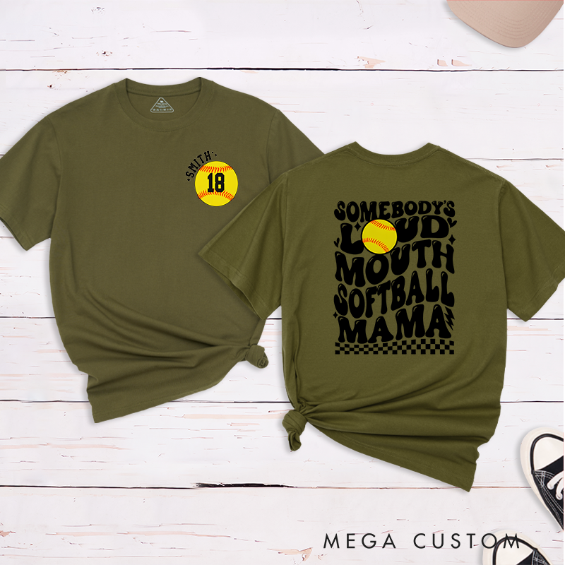 Personalized "Loud Mouth Softball Mama" T-Shirt Design Featuring Bold Retro Text Custom Name and Player Number