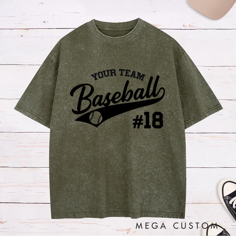 Personalized Baseball Washed T-Shirt with Custom Name and Stylish Sports Design