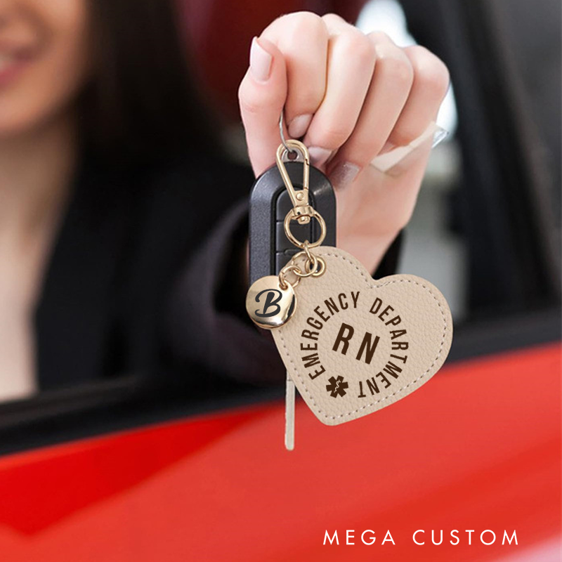 Personalized Heart Leather Engraved Keychain for ER Nurse Emergency Department Nurse Keychain Gift