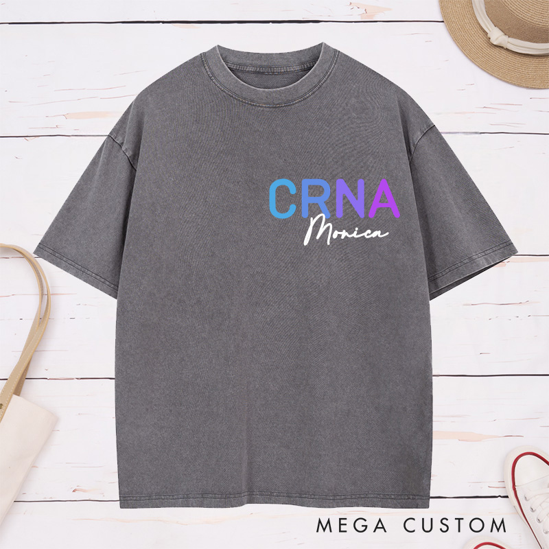 Personalized Nurse Washed T-Shirt Customized Vintage Brown CRNA Design Washed T-Shirt 