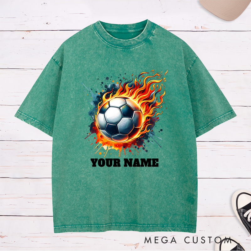 Personalized Flaming Soccer Ball Washed T-Shirt with Custom Name  
