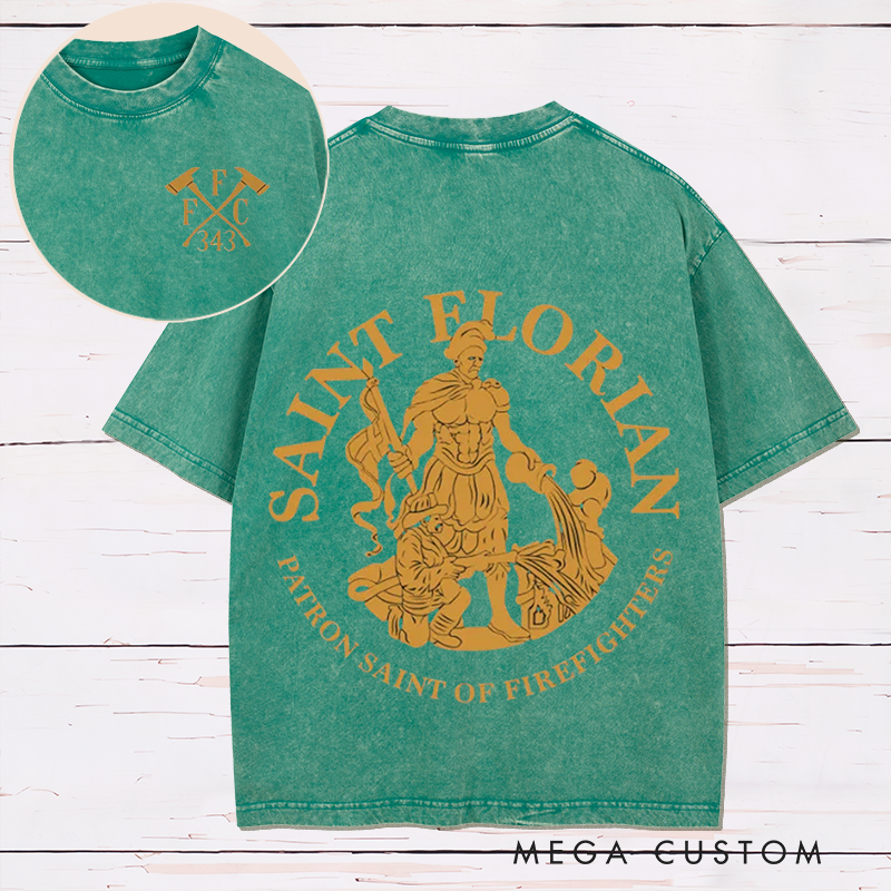 Personalized Firefighter Washed T-Shirt Saint Florian Patron Saint of Firefighters Design Thoughtful Gift for Firefighters