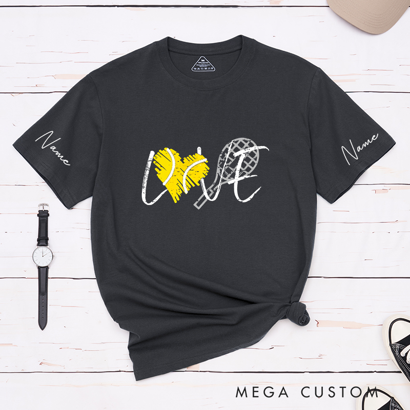 Personalized Tennis Love T-Shirt with Heart and Racket Design and Custom Name