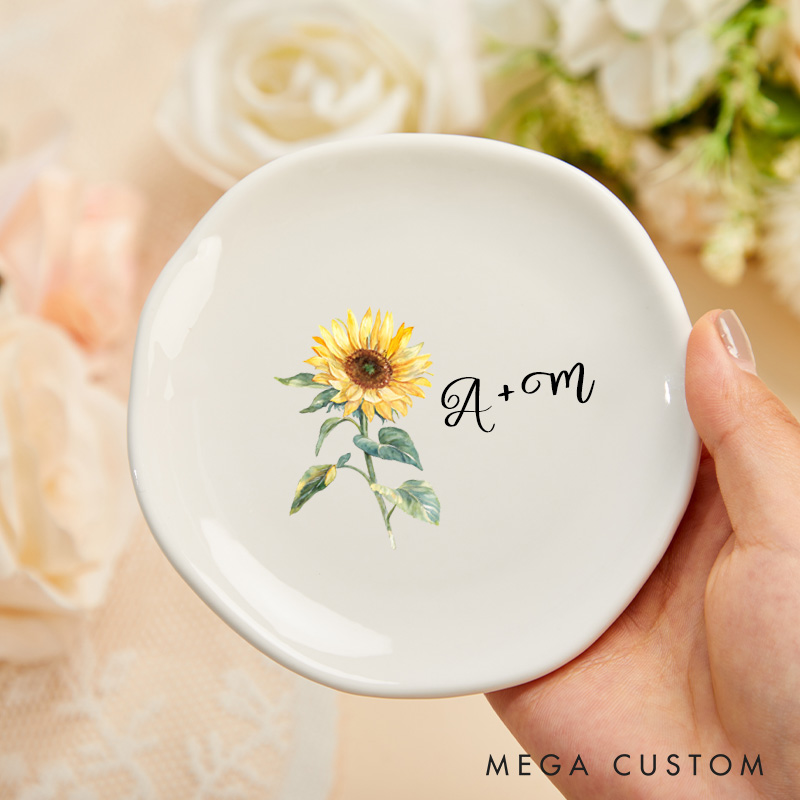 Personalized Vibrant Sunflower with Initials Wedding Engagement Irregular Round Ring Dish