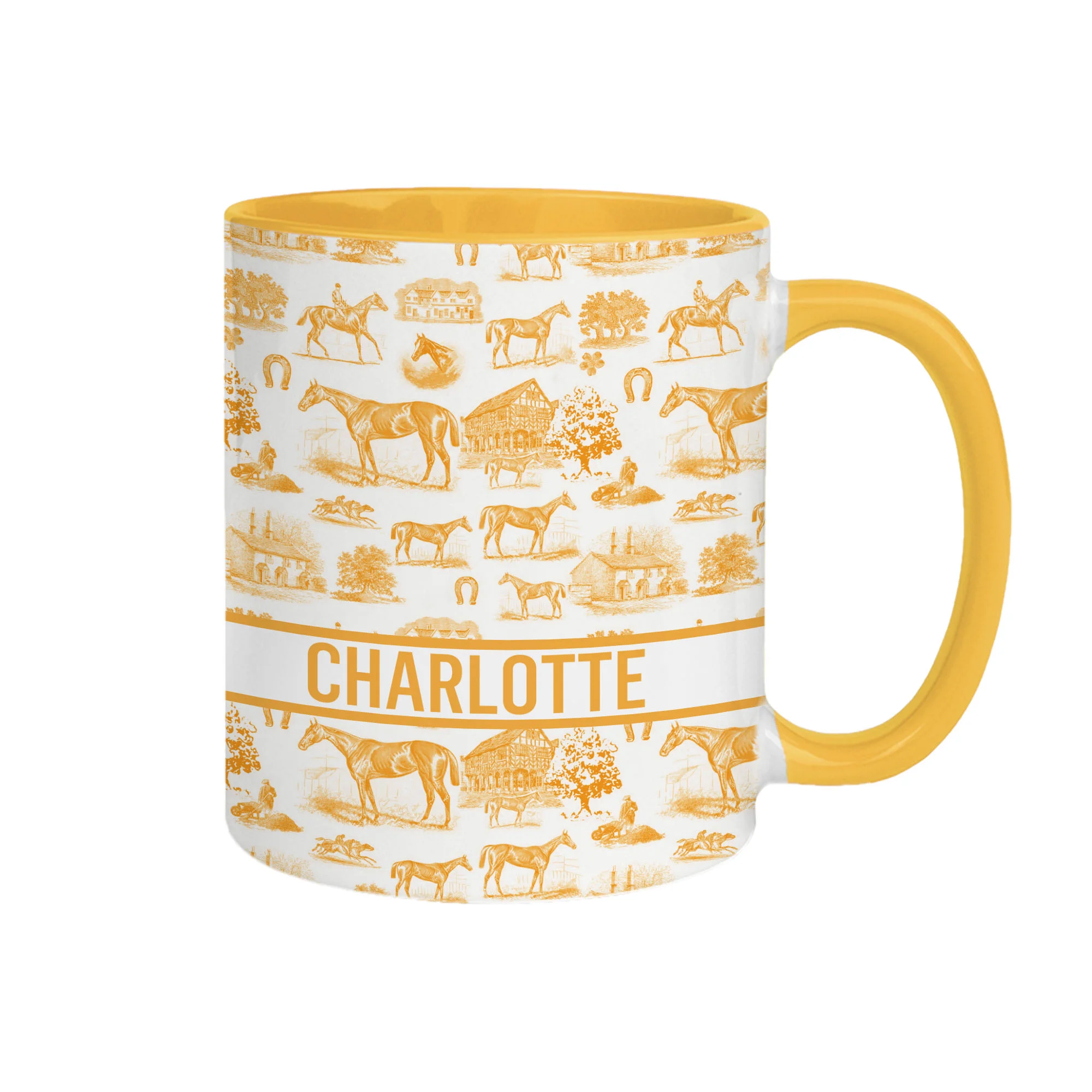 Personalized Multicolor Equestrianism Pattern Ceramic Coffee Mug with Text and Coaster Anniversary Birthday Gift for Equestrians Cowgirls