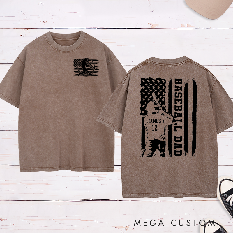 Personalized Baseball Dad Washed T-Shirt with Patriotic Flag and Custom Name and Number