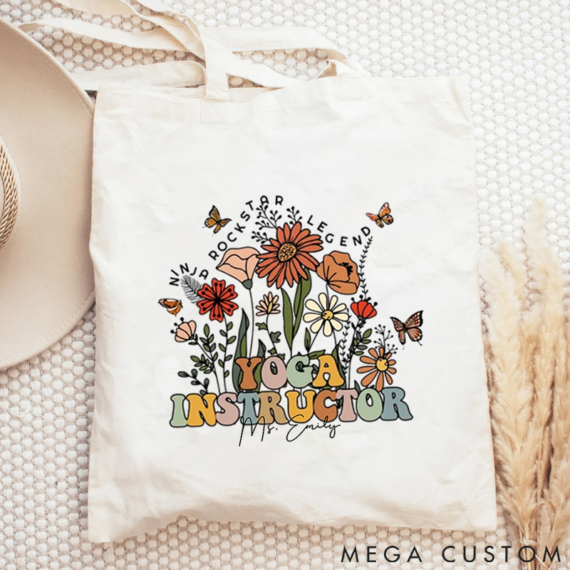 Personalized Yoga Instructor Tote Bag with Floral and Butterfly Design Custom Name Yoga Tote Bag Gift Idea for Yoga Lover