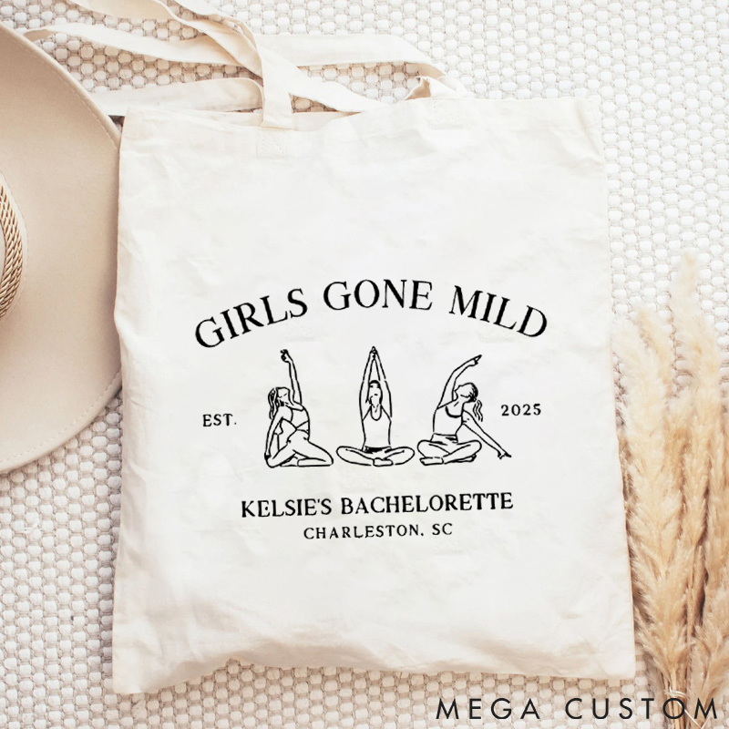 Personalized Bachelorette Tote Bag with Girls Gone Mild Yoga Design Yoga Tote Bag Gift Idea for Yoga Lover