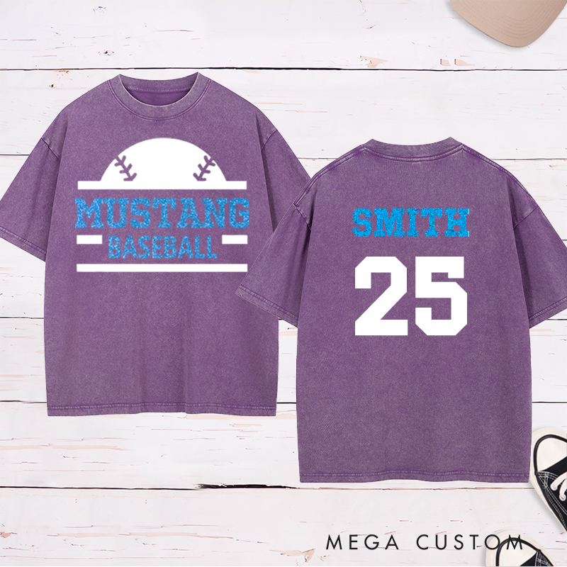 Personalized baseball Washed T-shirt featuring a custom name and number designed for players and fans