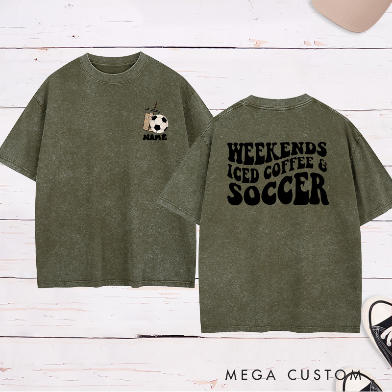 Personalized "Weekends, Iced Coffee & Soccer" Soccer Washed T-Shirt with Custom Name