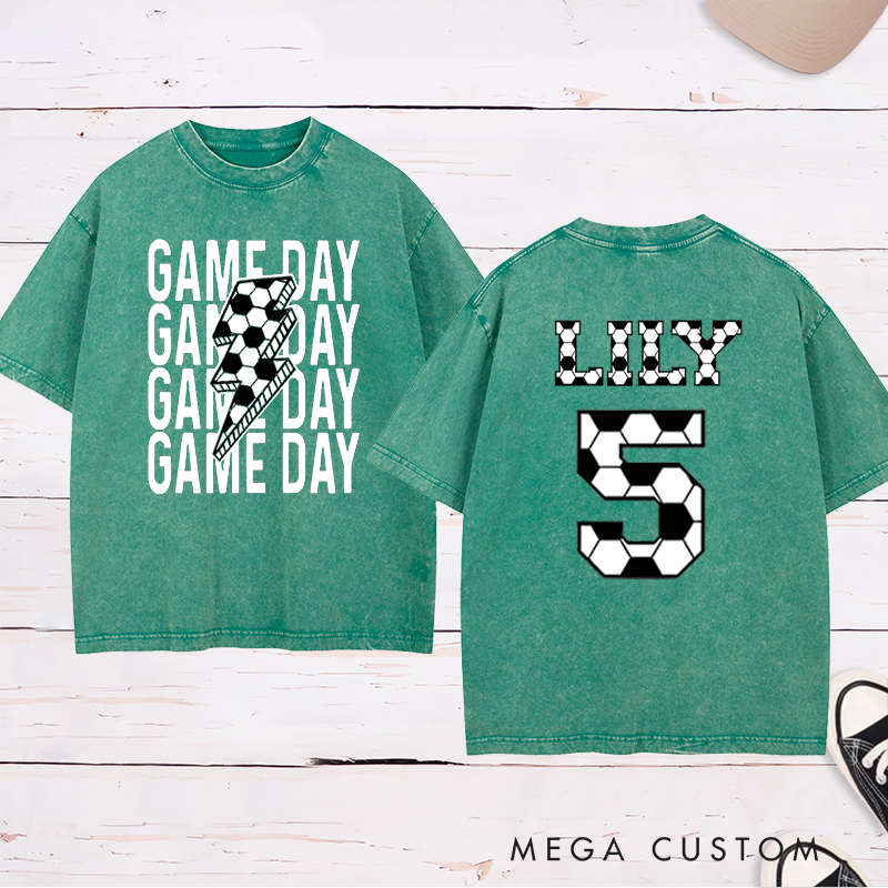 Personalized Game Day Soccer Washed T-Shirt with Custom Name and Number