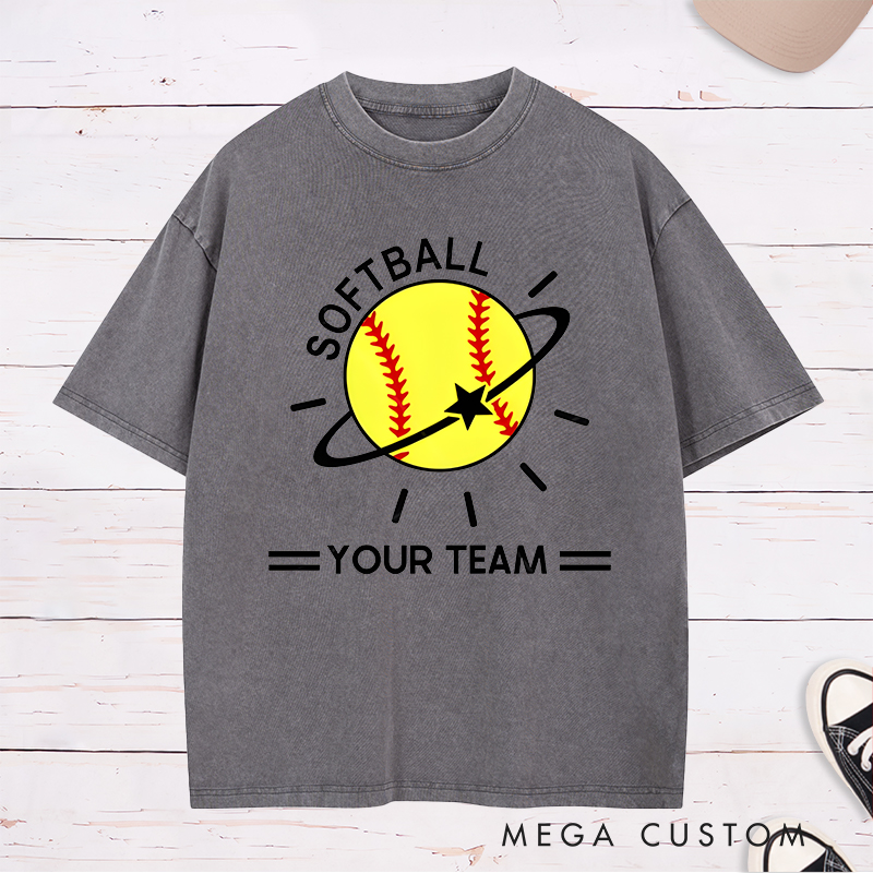 Personalized Softball Team Washed T-Shirt Design Featuring Customizable Team Name Vibrant Softball Graphic with Orbiting Star and Radiating Lines