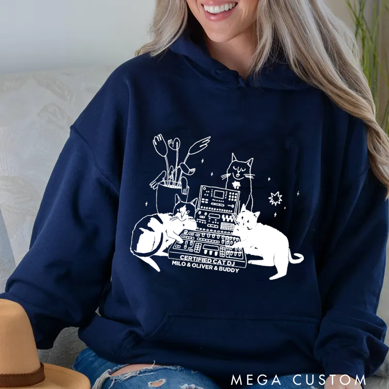 Personalized Classic Hoodies with Cat Sitting on Synthesizer and DJ Cat Illustration and Available in Multiple Colors