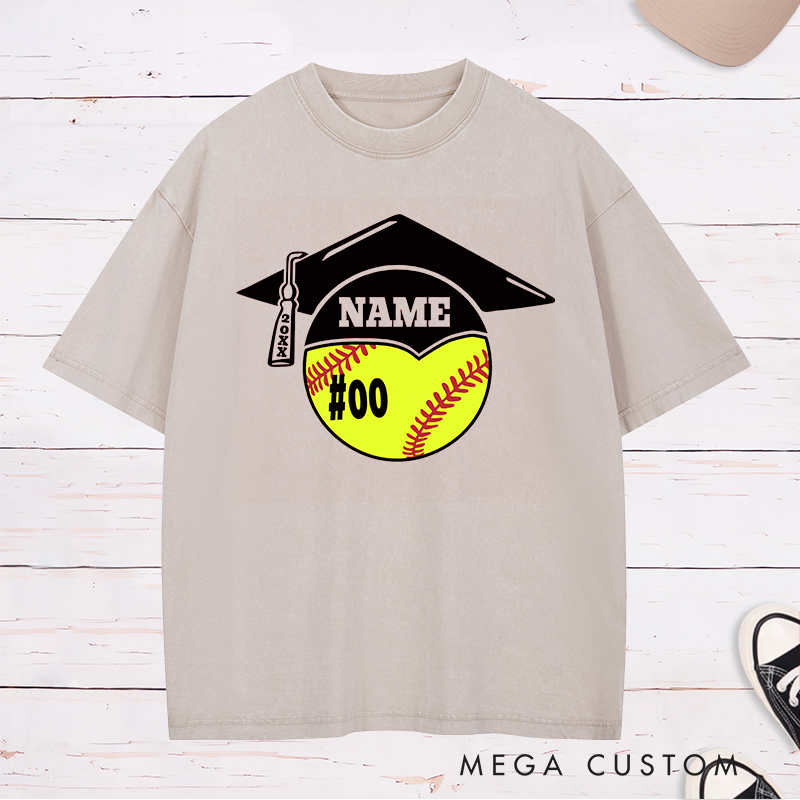 Personalized Graduation Softball Washed T-Shirt Design Featuring Custom Name Player Number Graduation Cap and Bat Graphic