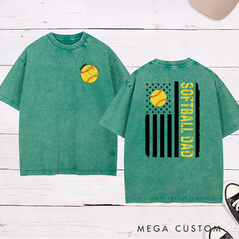 Personalized Softball Dad Washed T-Shirt with Custom Name and Number Patriotic Design Perfect Gift for Proud Softball Dads