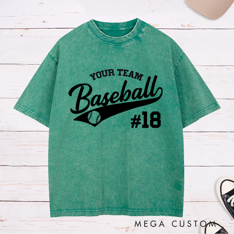 Personalized Baseball Washed T-Shirt with Custom Name and Stylish Sports Design