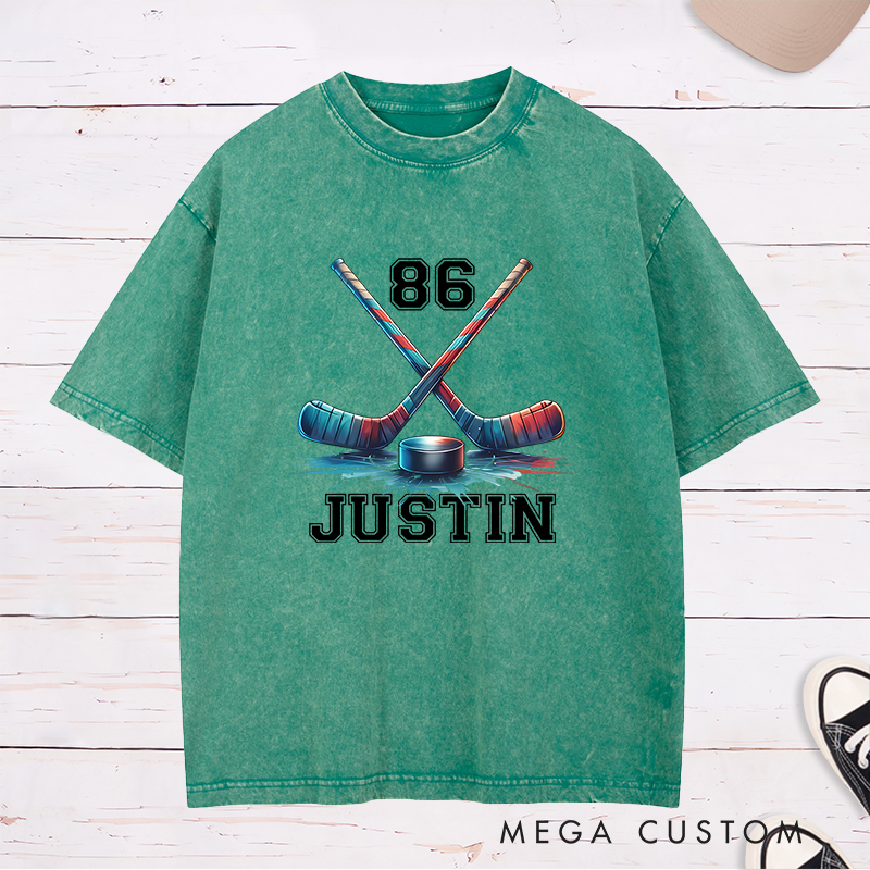 Personalized Ice Hockey Washed T-Shirt with Crossed Sticks and Custom Name  