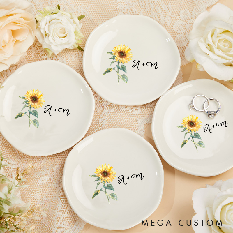 Personalized Vibrant Sunflower with Initials Wedding Engagement Irregular Round Ring Dish