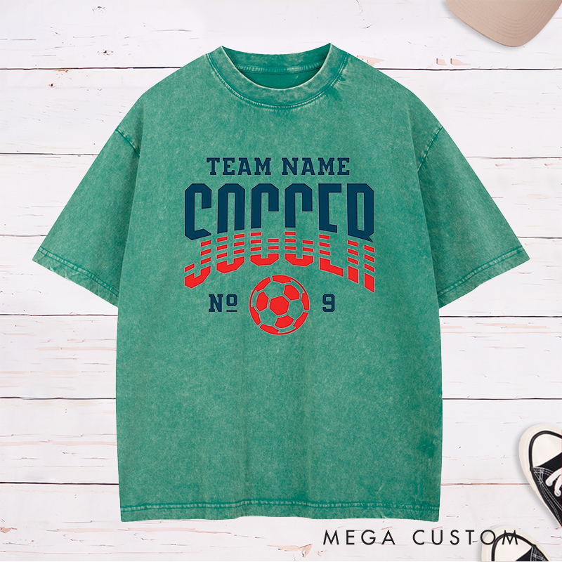 Personalized Soccer Washed T-Shirt with Dynamic Striped Graphic and Custom Team Name and Number