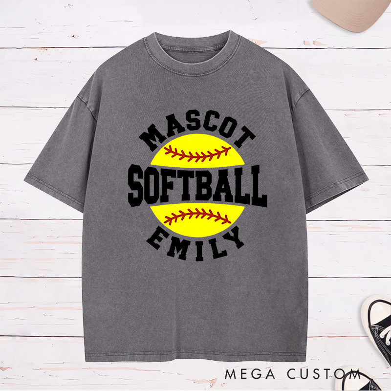 Personalized Softball Washed T-Shirt Design Featuring Custom Team Name Player Name Bold Typography and Vibrant Softball Graphic