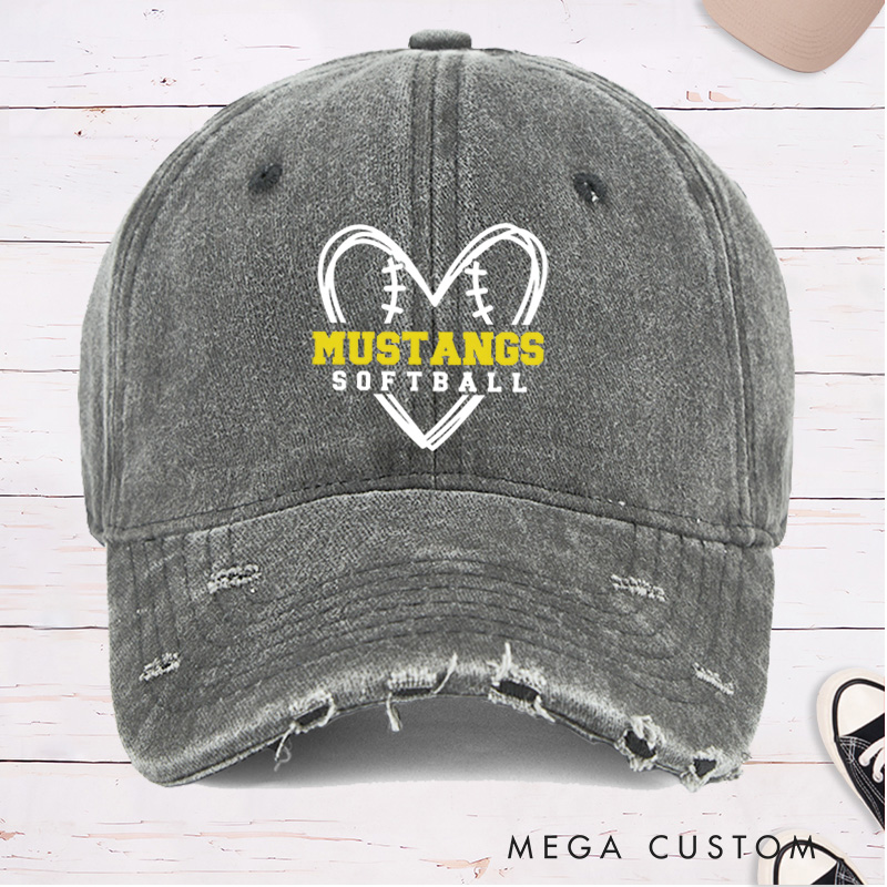 Personalized Distressed Denim Softball Cap with Custom Team Name and Heart Shaped Softball Design