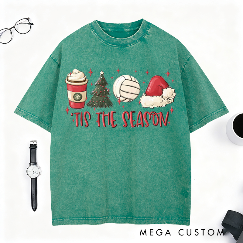 Personalized Washed T-Shirt – Festive Volleyball Design with Holiday Elements