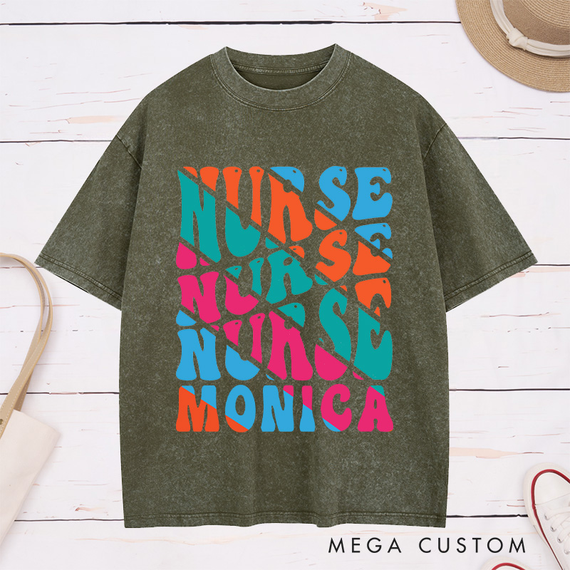 Personalized Nurse Washed T-Shirt Customized Bold Nurse Nurse Design Washed T-Shirt 
