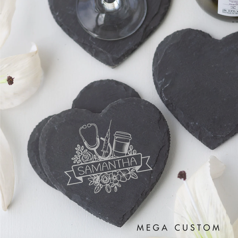 Personalized Nurse Engraved Slate Coaster Floral Stethoscope Design Appreciation Gift for Doctor Nurse Medical Staff
