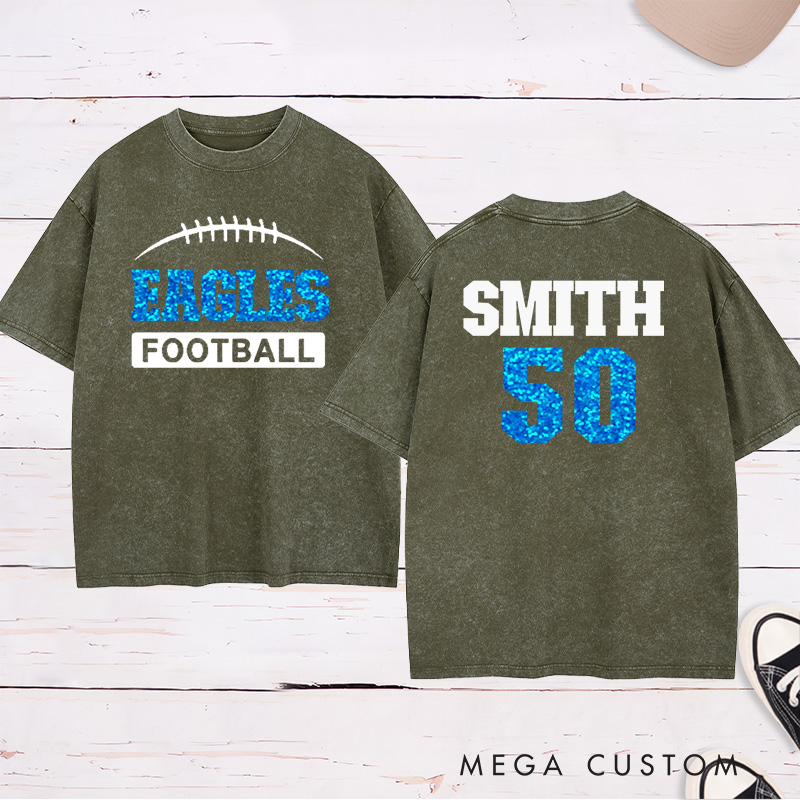 Personalized American Football Washed T-Shirt with Custom Team Name on the Front and Number on the Back