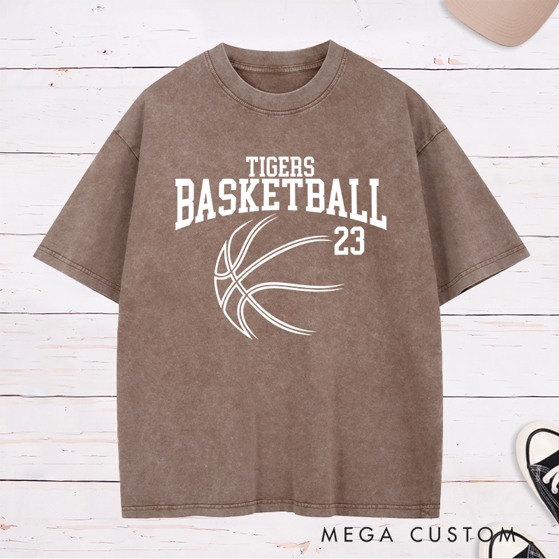 Personalized Washed T-Shirt Design Featuring Custom Team Name and Player Number with Sleek Basketball Graphic in a Bold Arch Layout