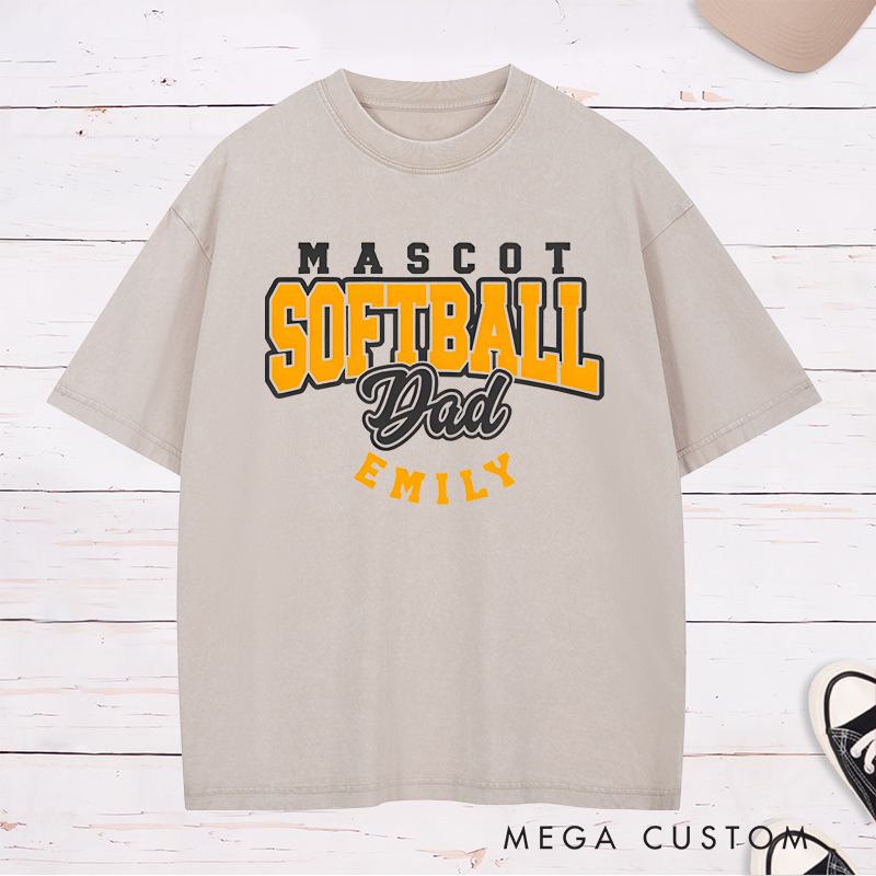 Personalized Softball Dad Washed T-Shirt Design Featuring Custom Team Name Player Name Bold Typography and Stylish Script Accent