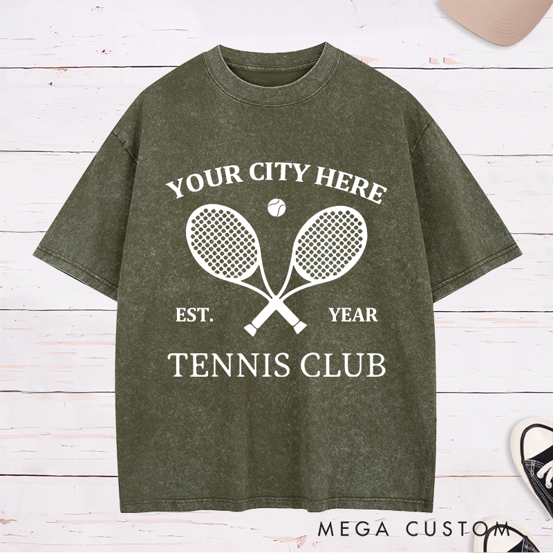 Personalized Tennis Washed T-Shirt Featuring Timeless Club Logo and Custom Name and Year