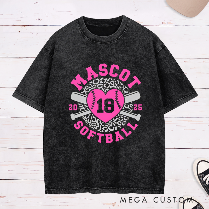 Personalized Softball Team Washed T-Shirt Design Featuring Customizable Team Name Leopard Print Heart-Shaped Softball Graphic Crossed Bats and Player Number