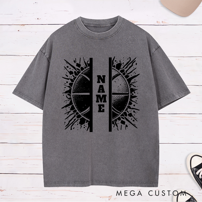 Personalized Washed T-Shirt Design Featuring Split Basketball Graphic with Customizable Vertical Name