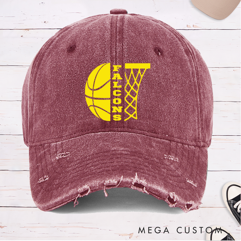 Personalized Distressed Basketball Cap with Custom Team Name and Minimalist Hoop Design