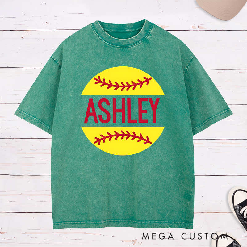 Personalized Softball Washed T-Shirt Design Featuring Custom Name Bold Text and Bright Softball Graphic