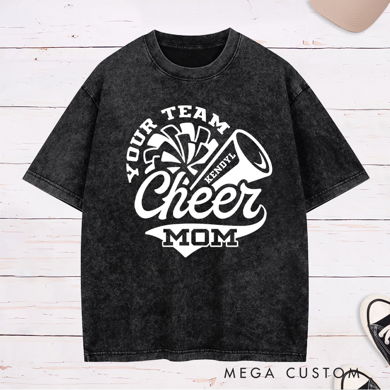 Personalized Cheer Mom Washed T-Shirts Featuring Custom Team Name and Player Name on the Front for Game Day Spirit