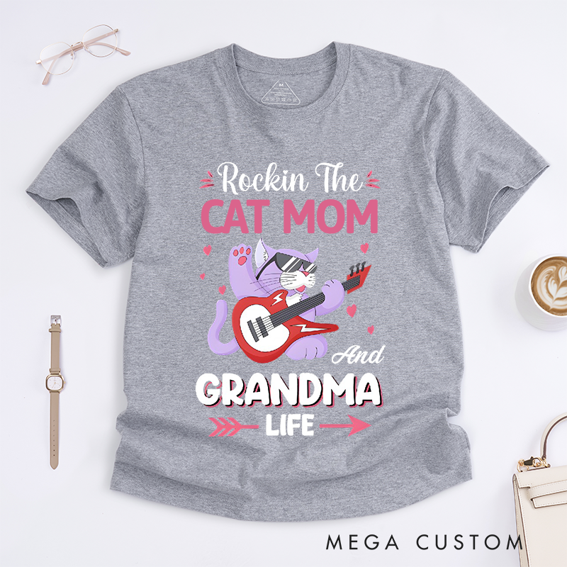 Personalized Classic T-Shirts Rockin' Cat Mom Grandma Tee Retro-Style Feline Lover Gift Perfect for Music Enthusiast Cat Ladies Gift