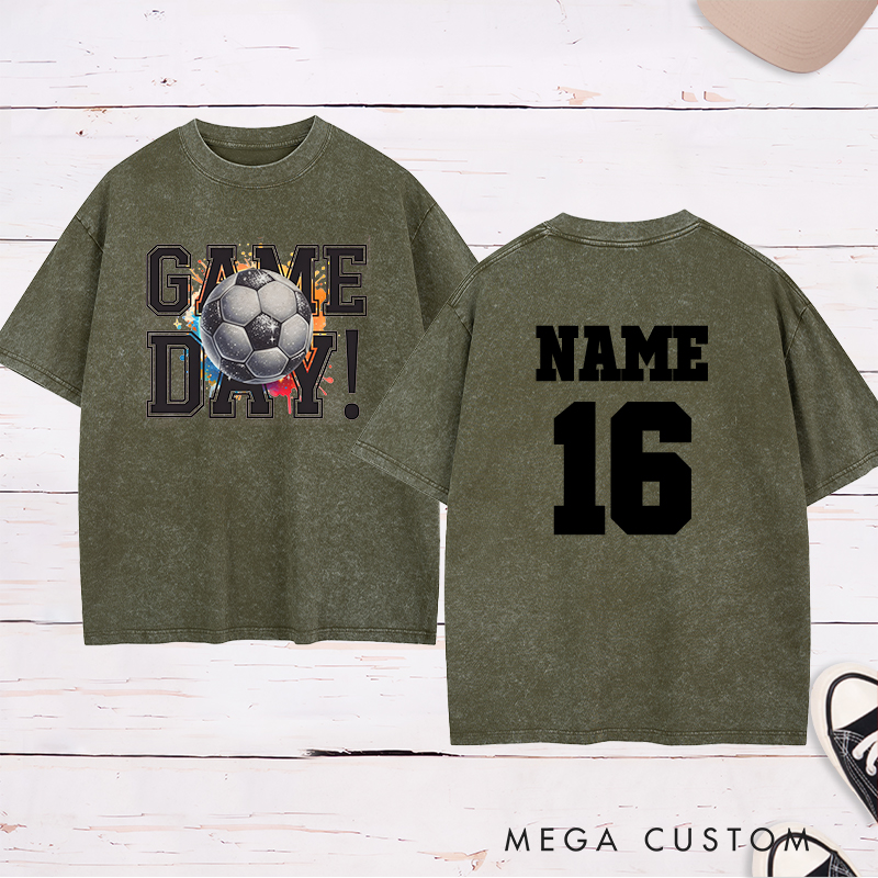 Personalized Soccer Washed T-Shirt Featuring Vibrant Splash Design and Custom Name and Number