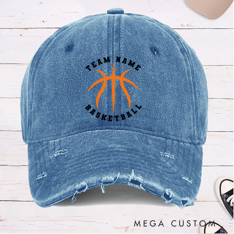 Personalized Distressed Denim Basketball Cap with Custom Team Name and Basketball Graphic Design