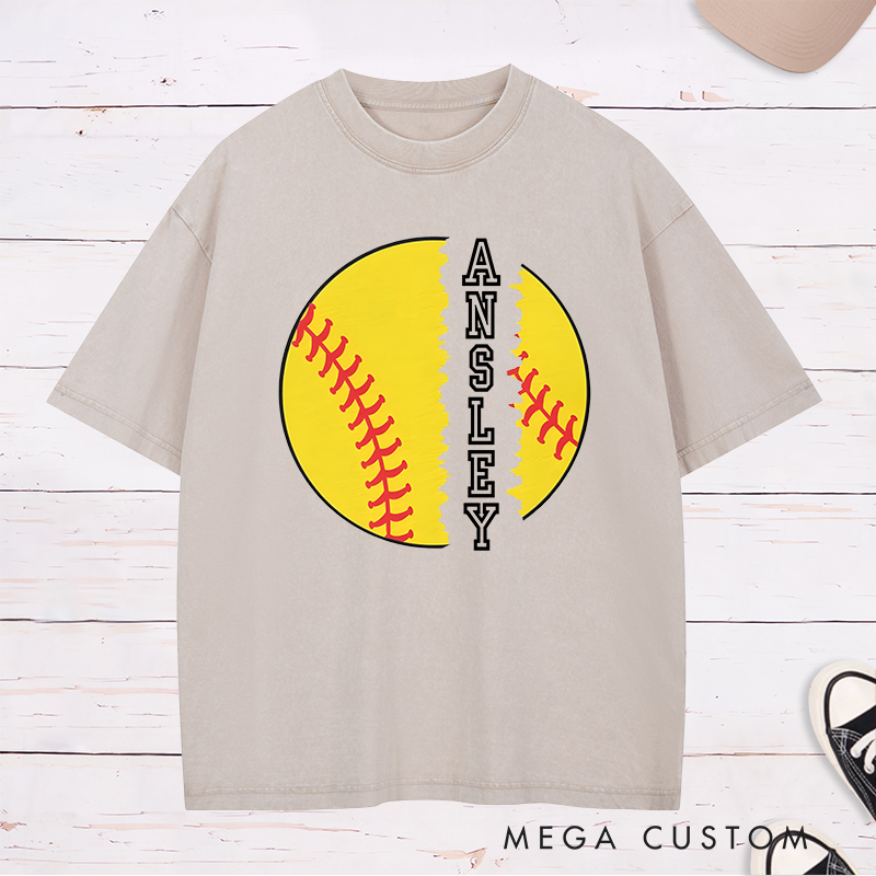 Personalized Softball Washed T-Shirt Design Featuring Torn Softball Graphic and Customizable Vertical Name Text for a Bold and Unique Look