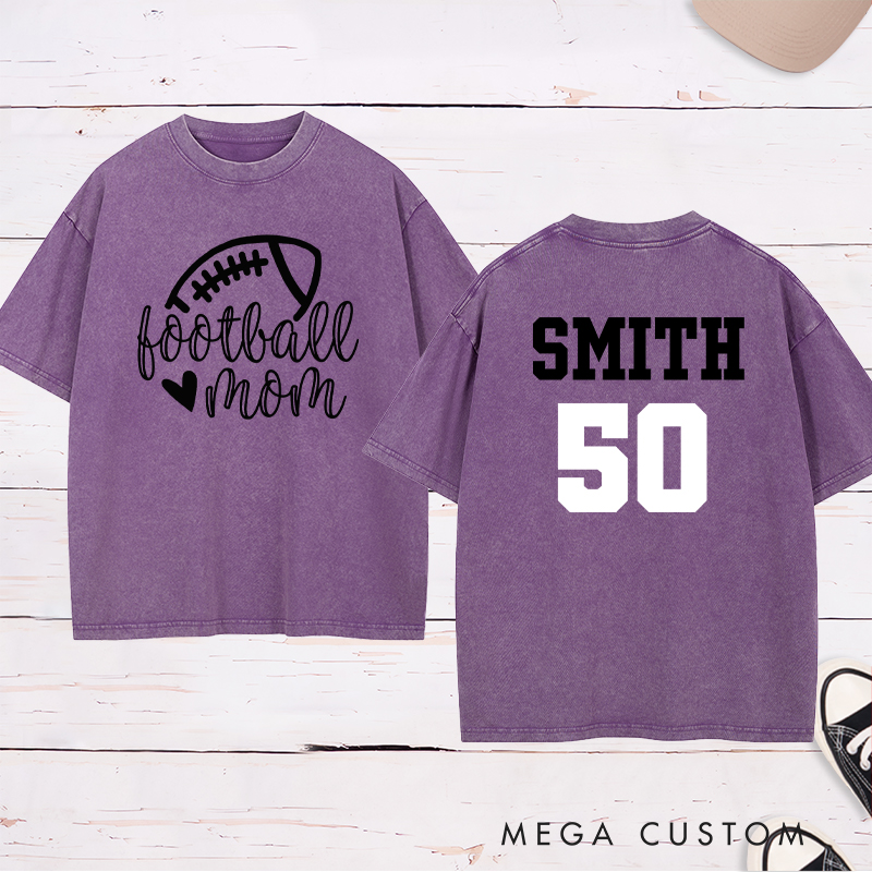 Personalized American Football Mom Washed T-Shirts Featuring Custom Name and Number