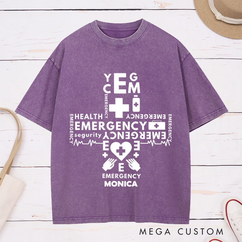 Personalized Nurse Washed T-Shirt Customized Emergency Cross Design Washed T-Shirt 